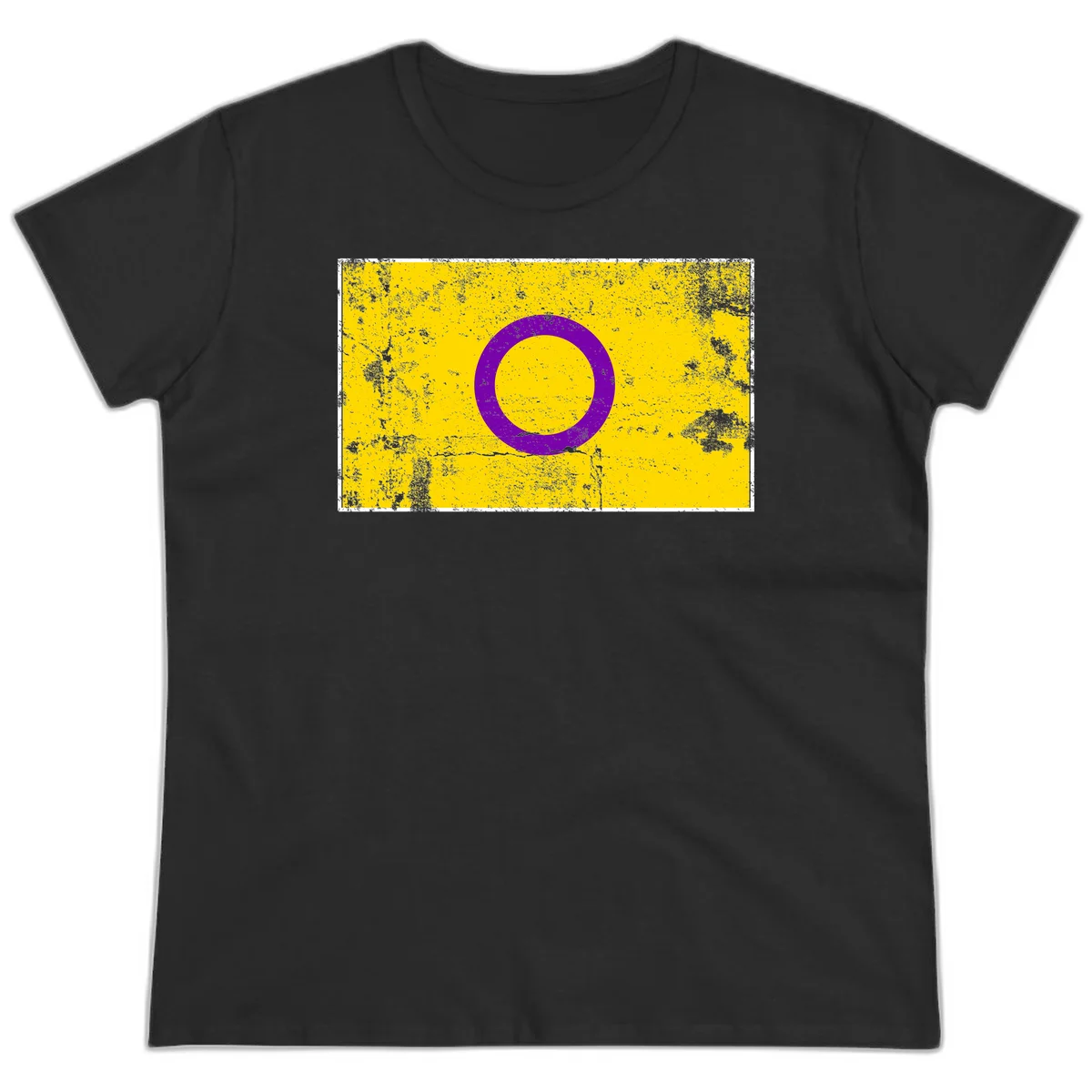 Purple circle ring on yellow background with distressed grunge texture overlay, minimalist geometric design in Black
