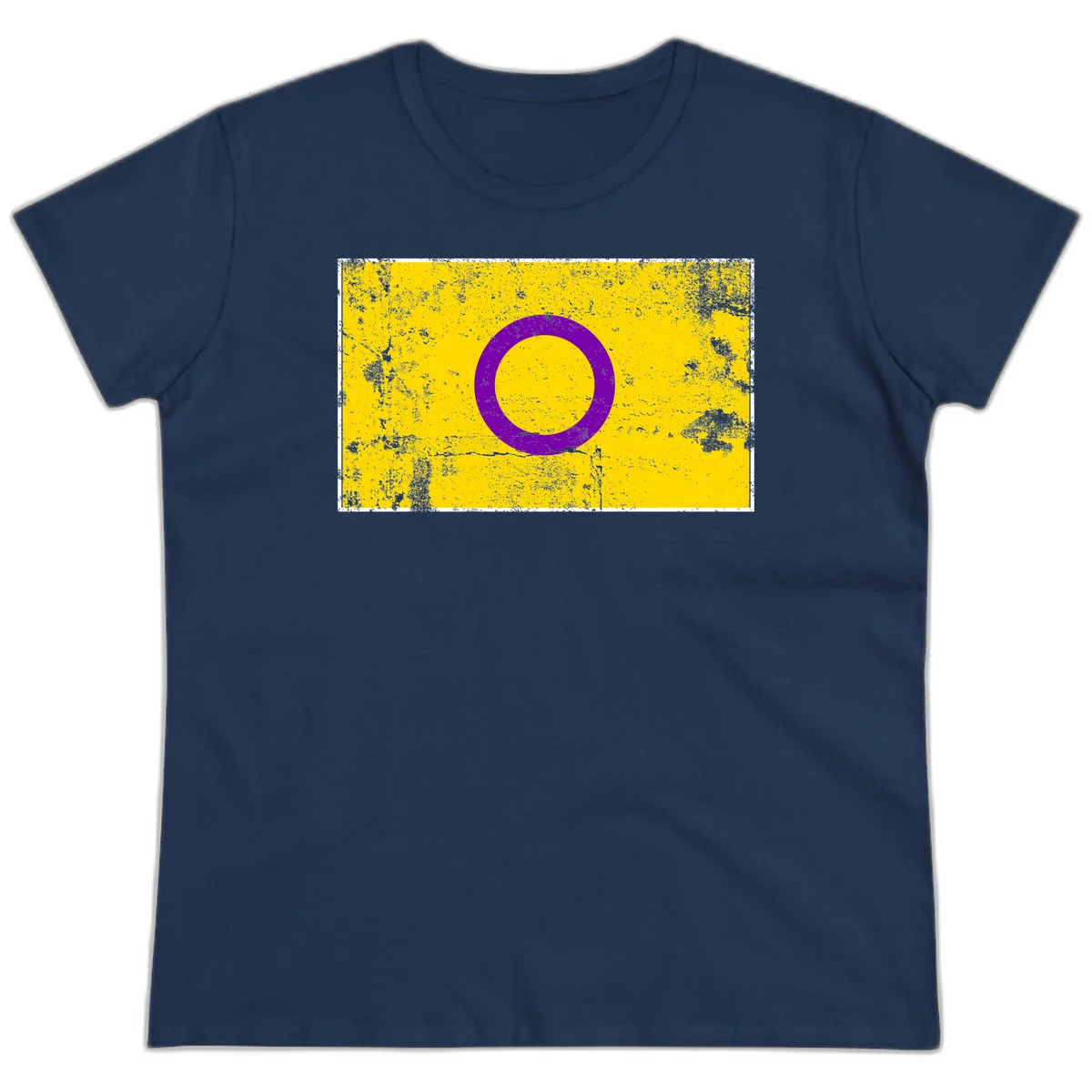 Purple circle ring on yellow background with distressed grunge texture overlay, minimalist geometric design in Navy