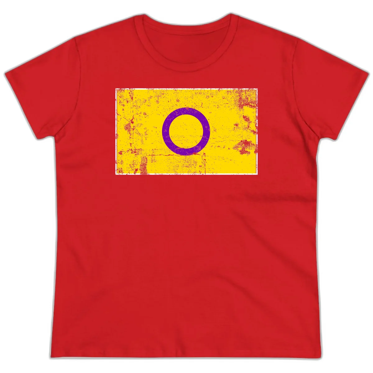 Purple circle ring on yellow background with distressed grunge texture overlay, minimalist geometric design in Red