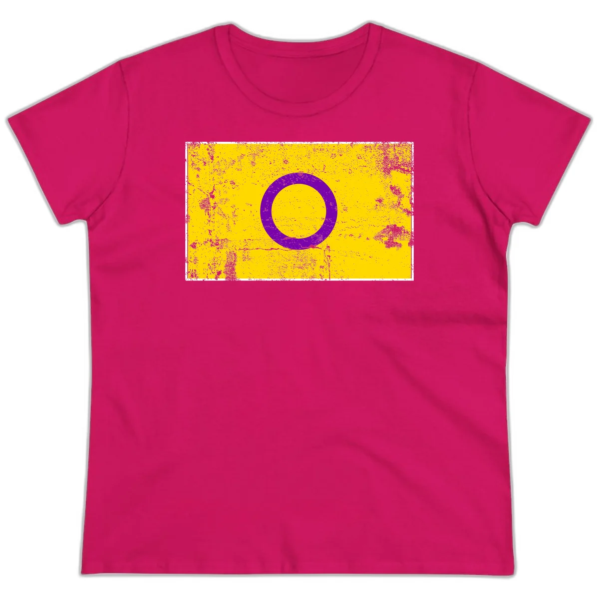 Purple circle ring on yellow background with distressed grunge texture overlay, minimalist geometric design in Heliconia