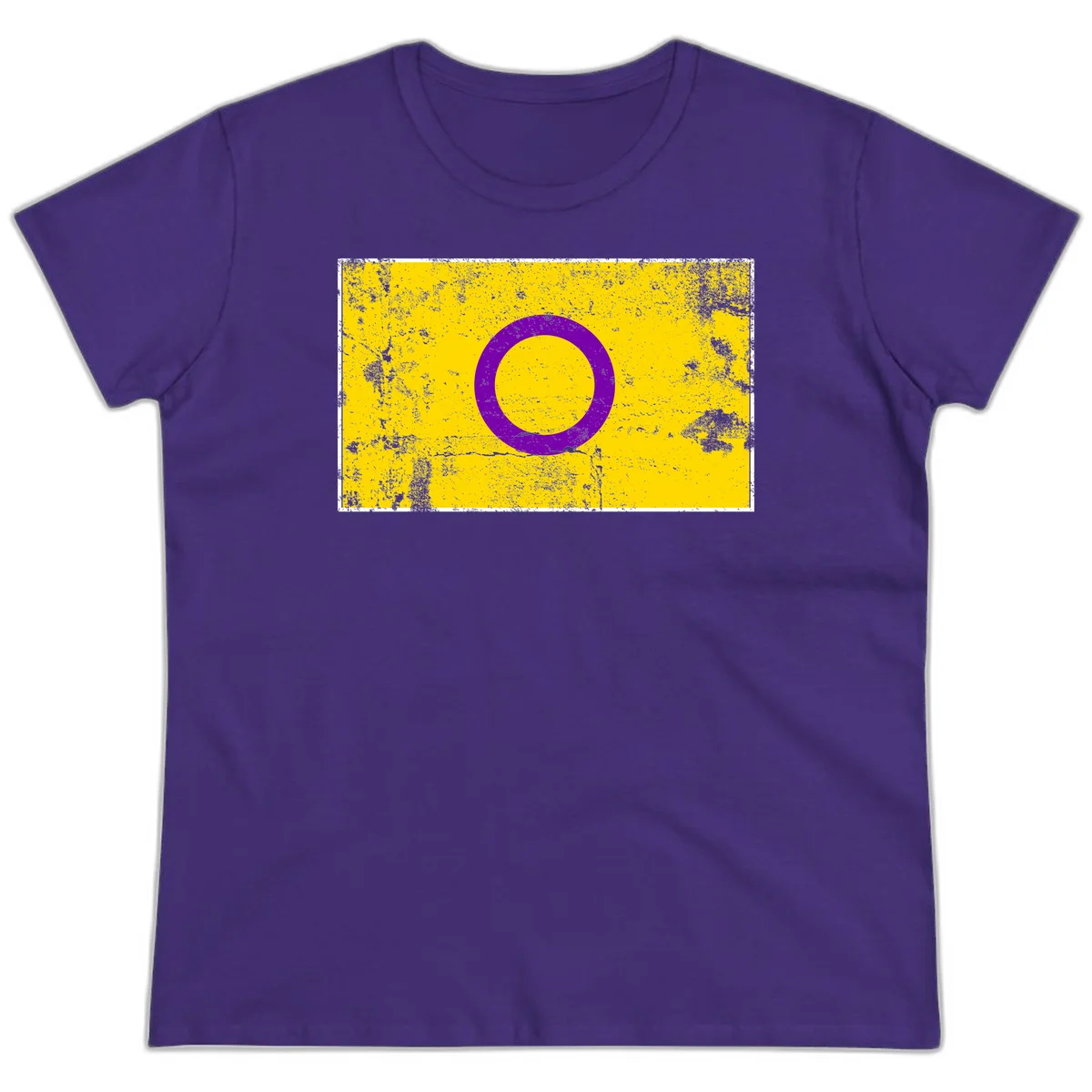 Purple circle ring on yellow background with distressed grunge texture overlay, minimalist geometric design in Purple