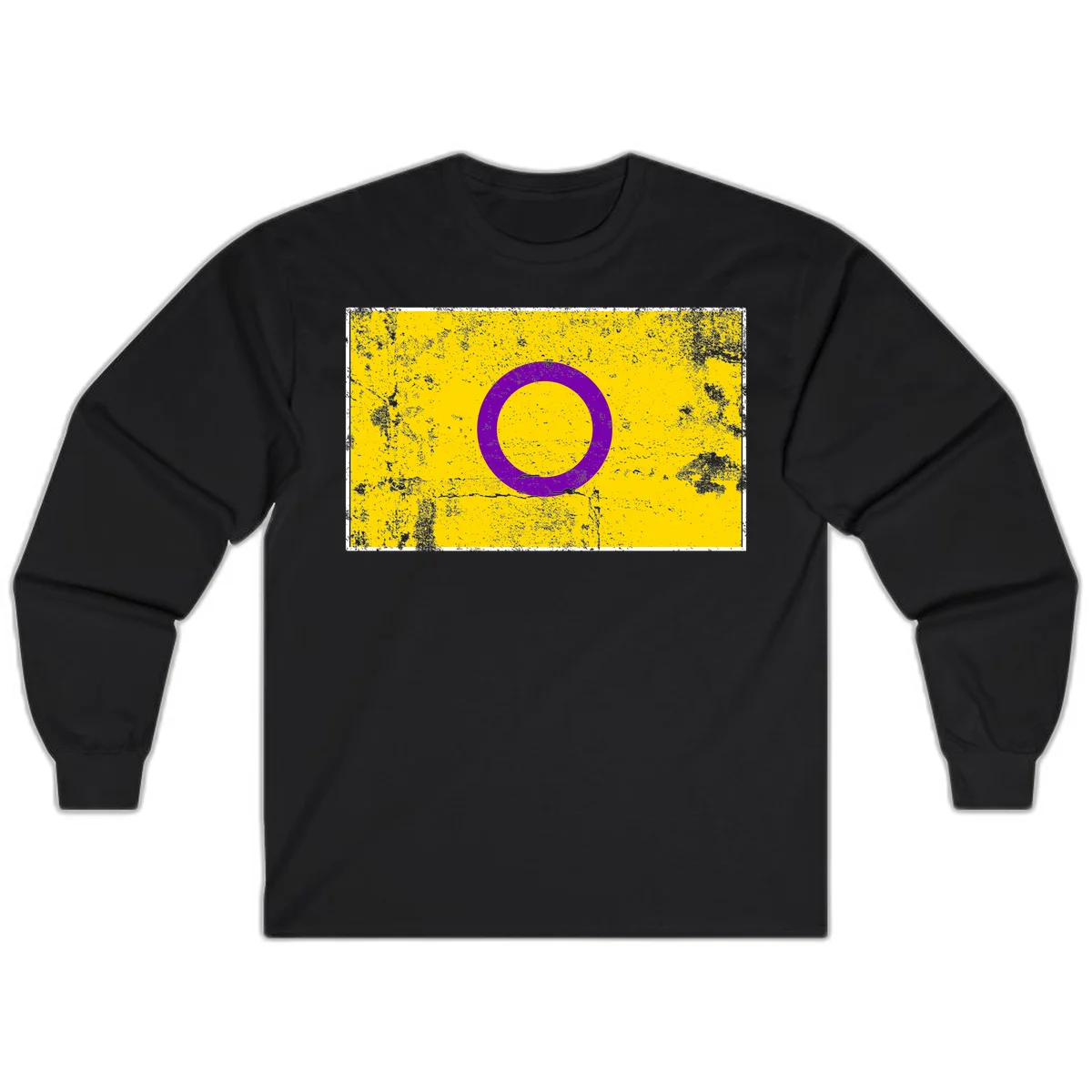 Purple circle ring on yellow background with distressed grunge texture overlay, minimalist geometric design in Black