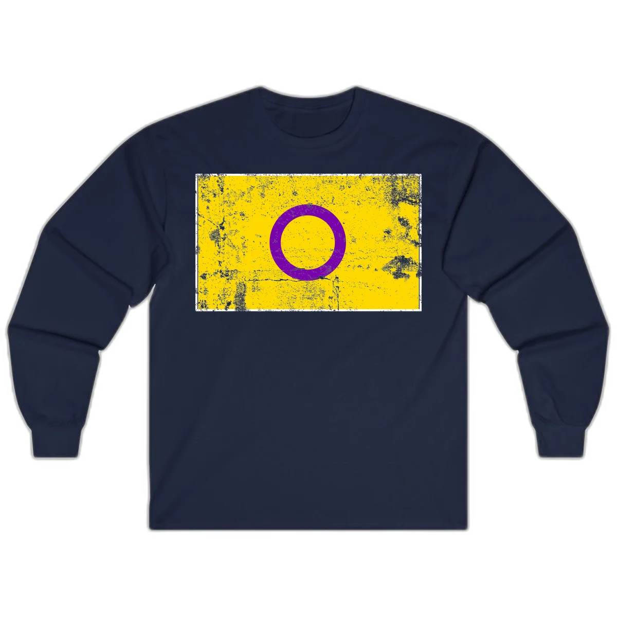 Purple circle ring on yellow background with distressed grunge texture overlay, minimalist geometric design in Navy