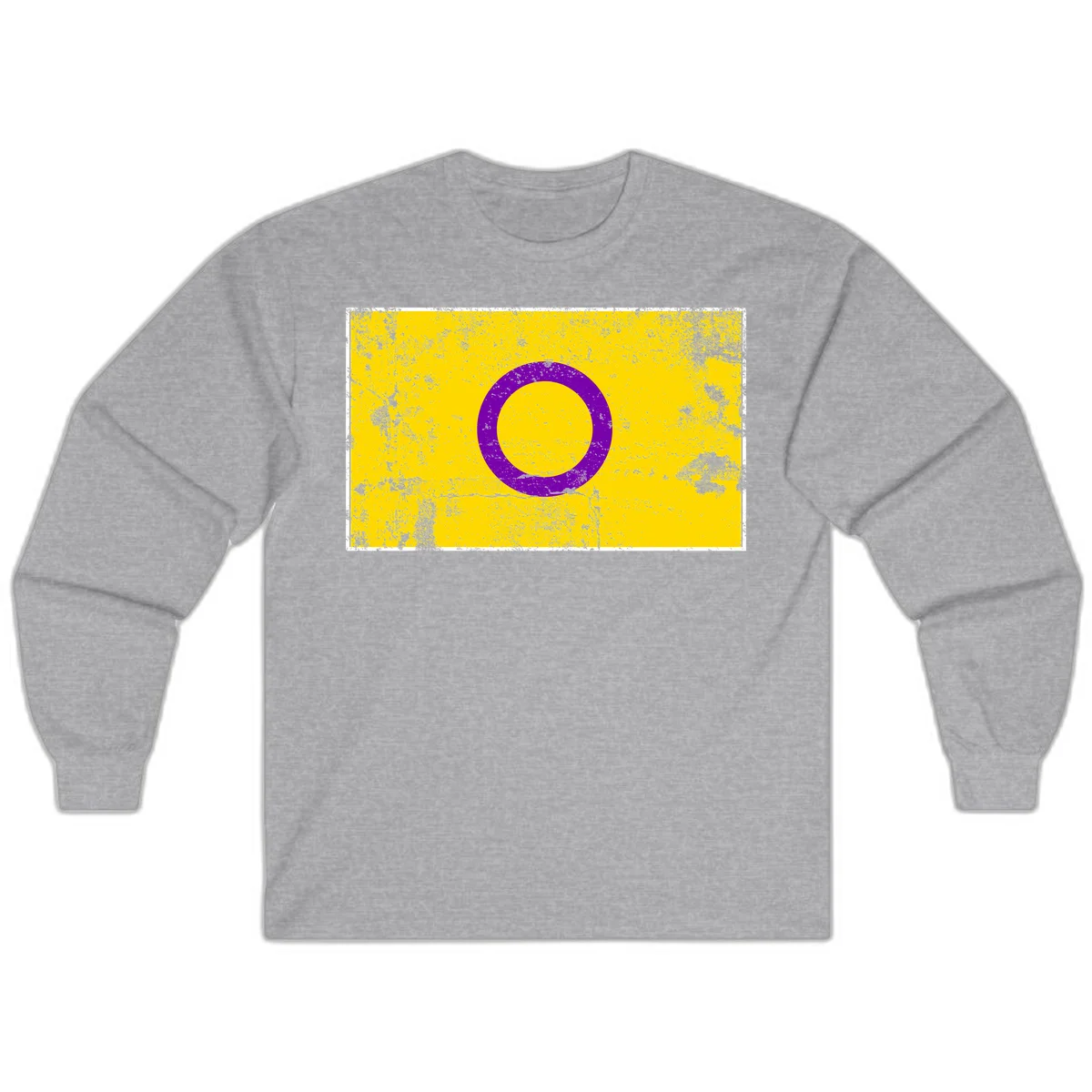 Purple circle ring on yellow background with distressed grunge texture overlay, minimalist geometric design in Sport Grey