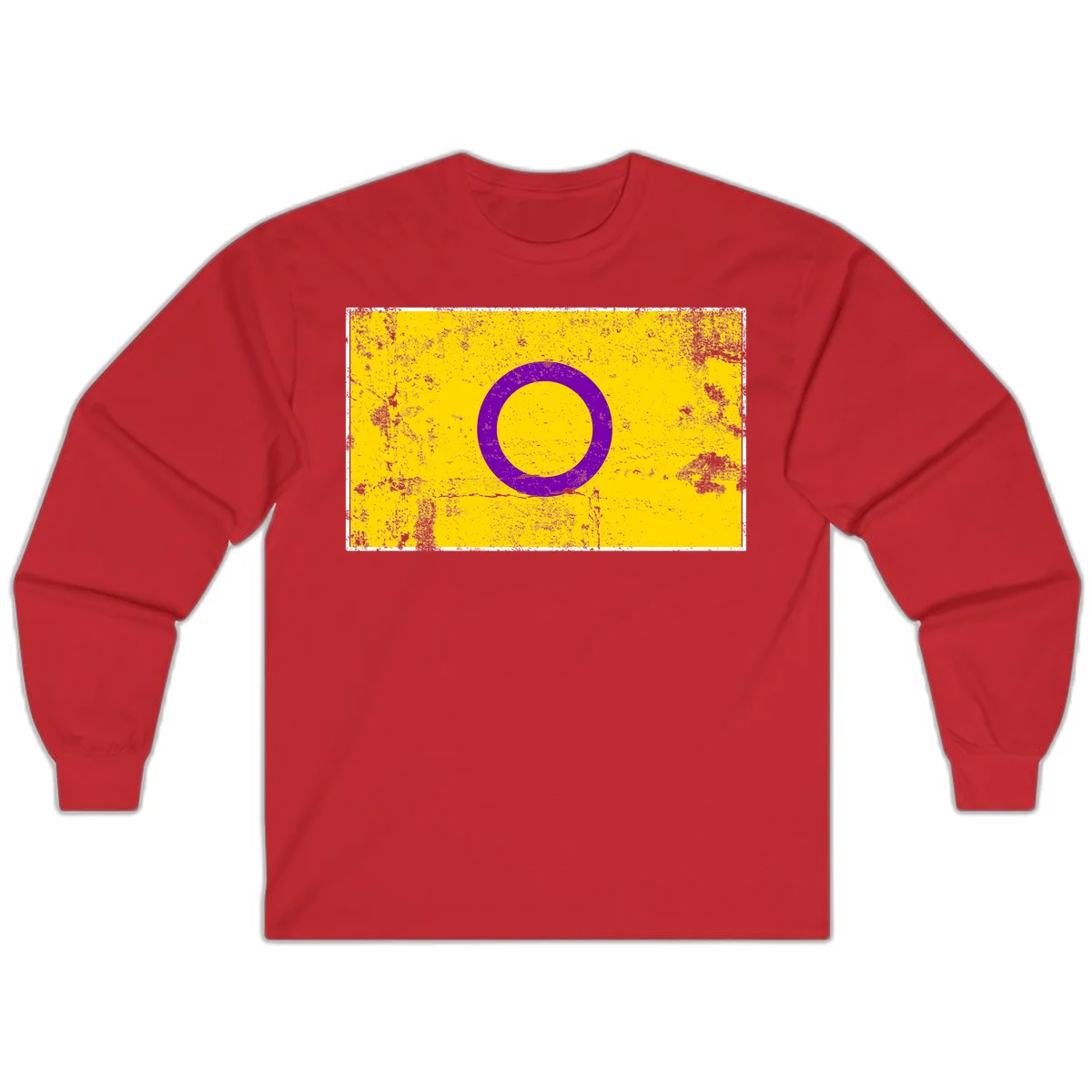 Purple circle ring on yellow background with distressed grunge texture overlay, minimalist geometric design in Red