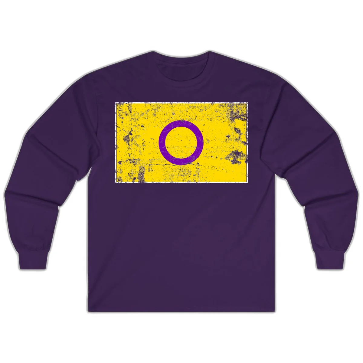 Purple circle ring on yellow background with distressed grunge texture overlay, minimalist geometric design in Purple