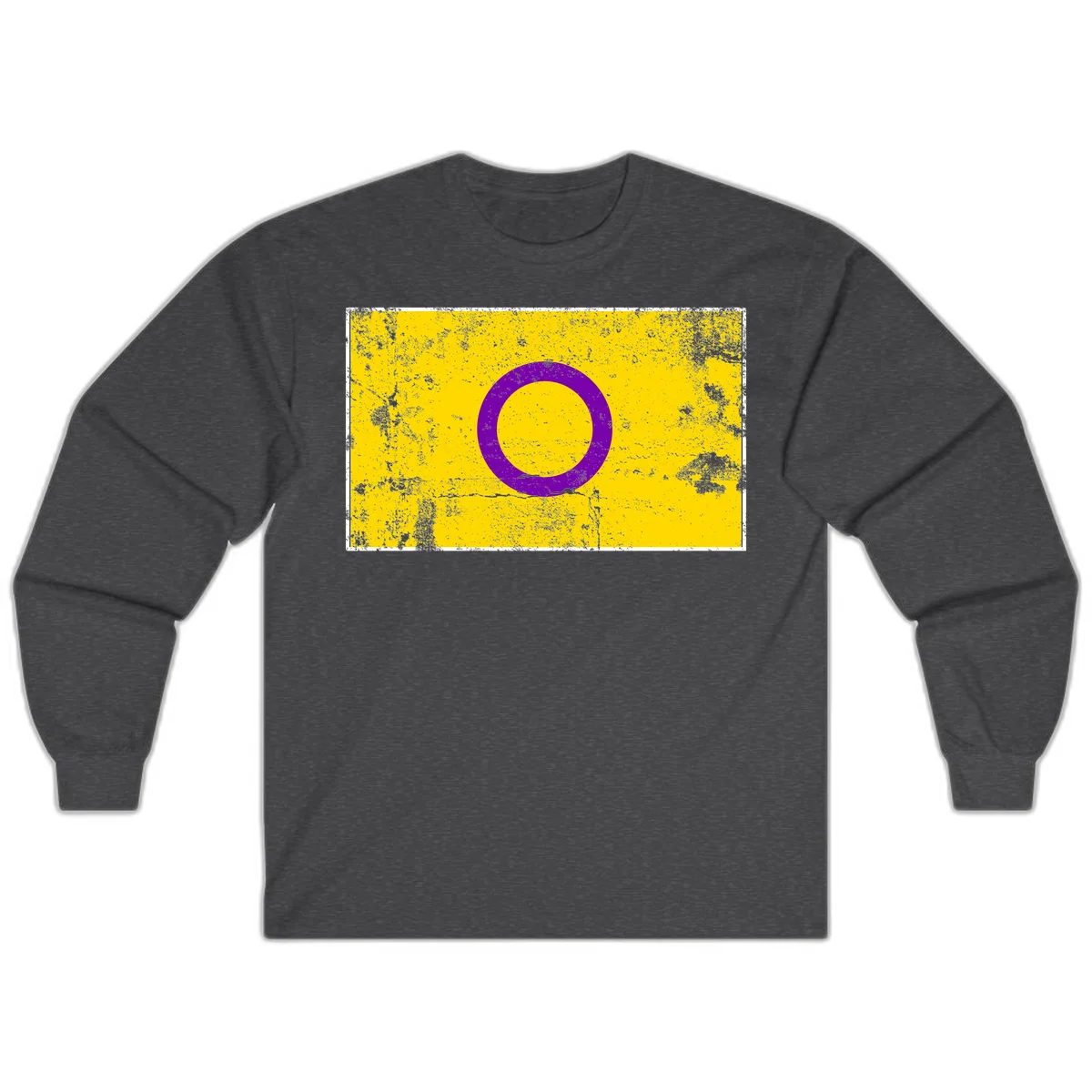 Purple circle ring on yellow background with distressed grunge texture overlay, minimalist geometric design in Dark Heather