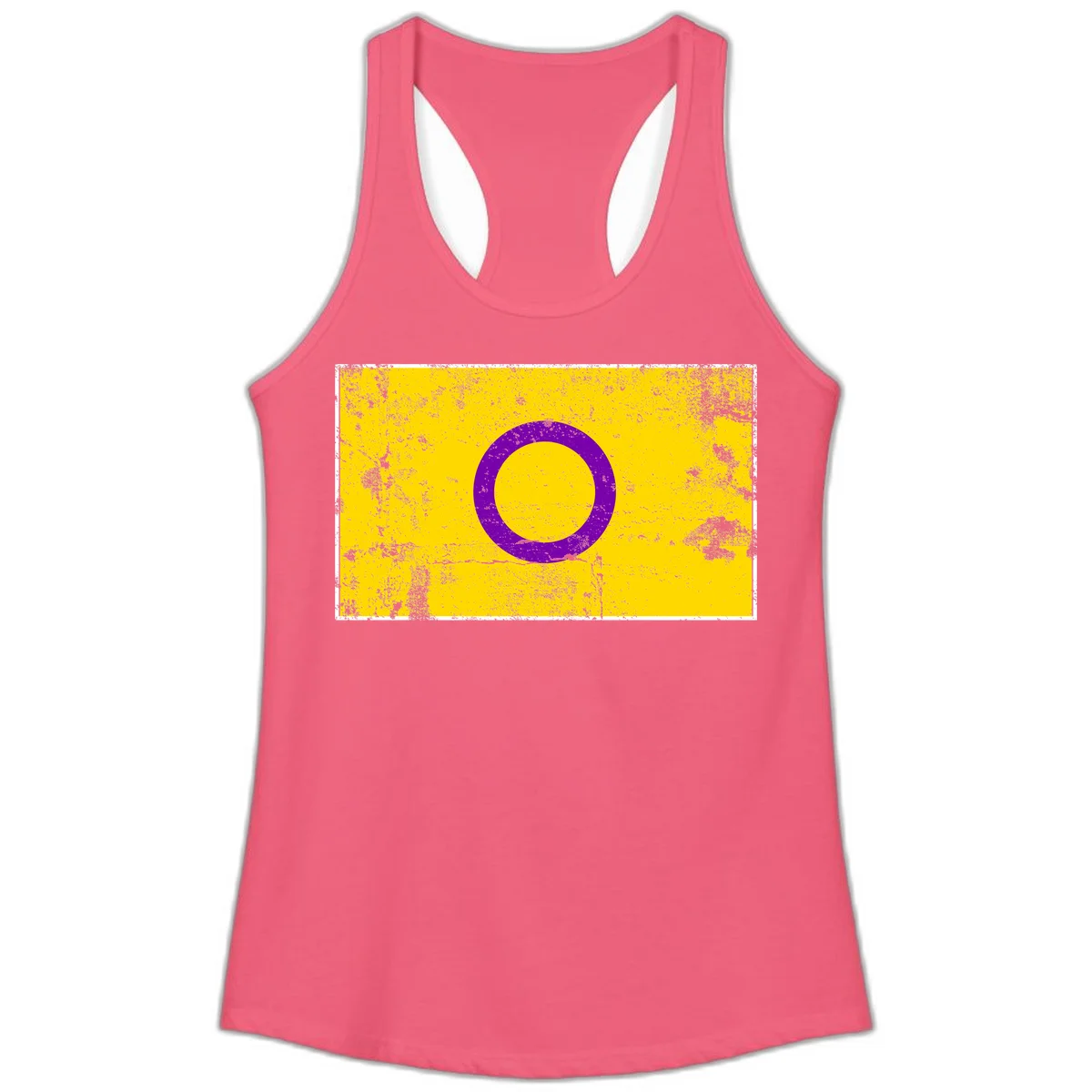 Purple circle ring on yellow background with distressed grunge texture overlay, minimalist geometric design in Hot Pink