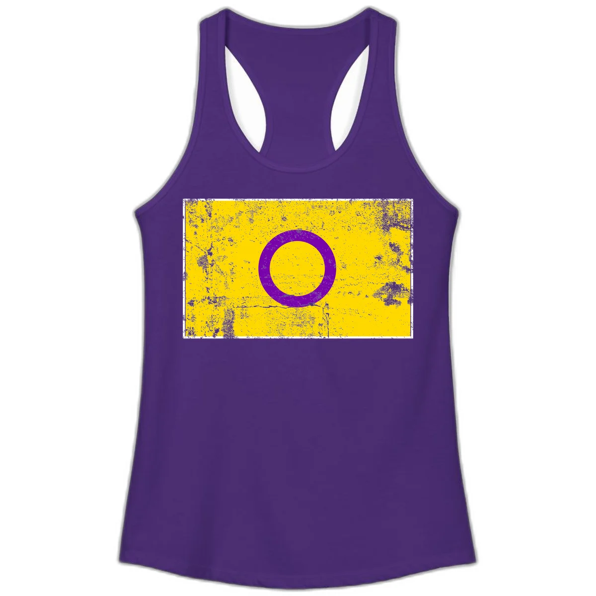 Purple circle ring on yellow background with distressed grunge texture overlay, minimalist geometric design in Solid Purple Rush