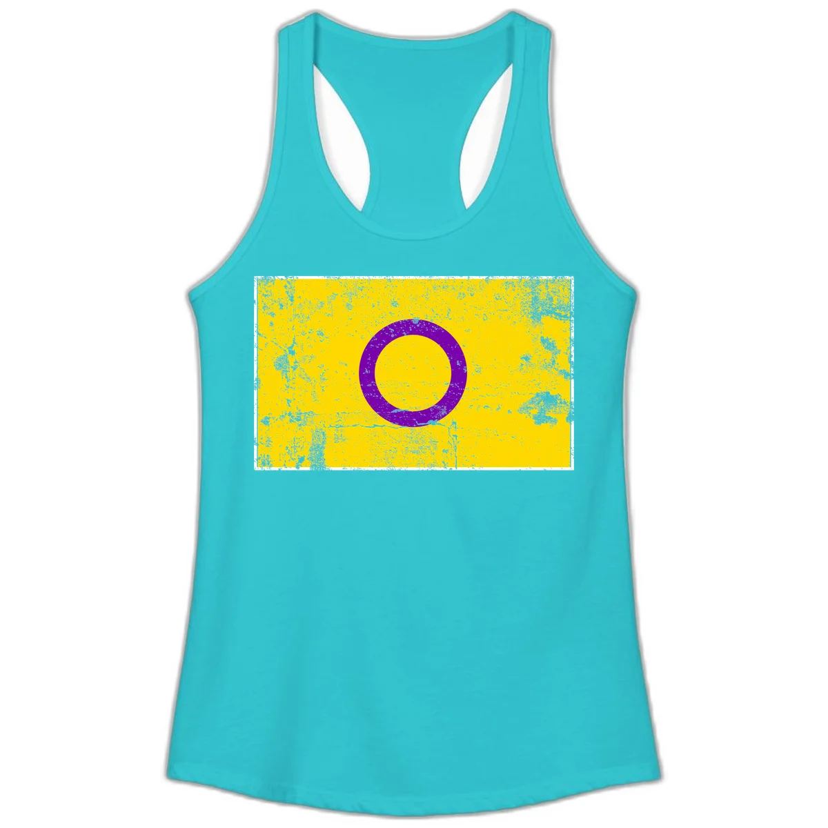 Purple circle ring on yellow background with distressed grunge texture overlay, minimalist geometric design in Solid Tahiti Blue