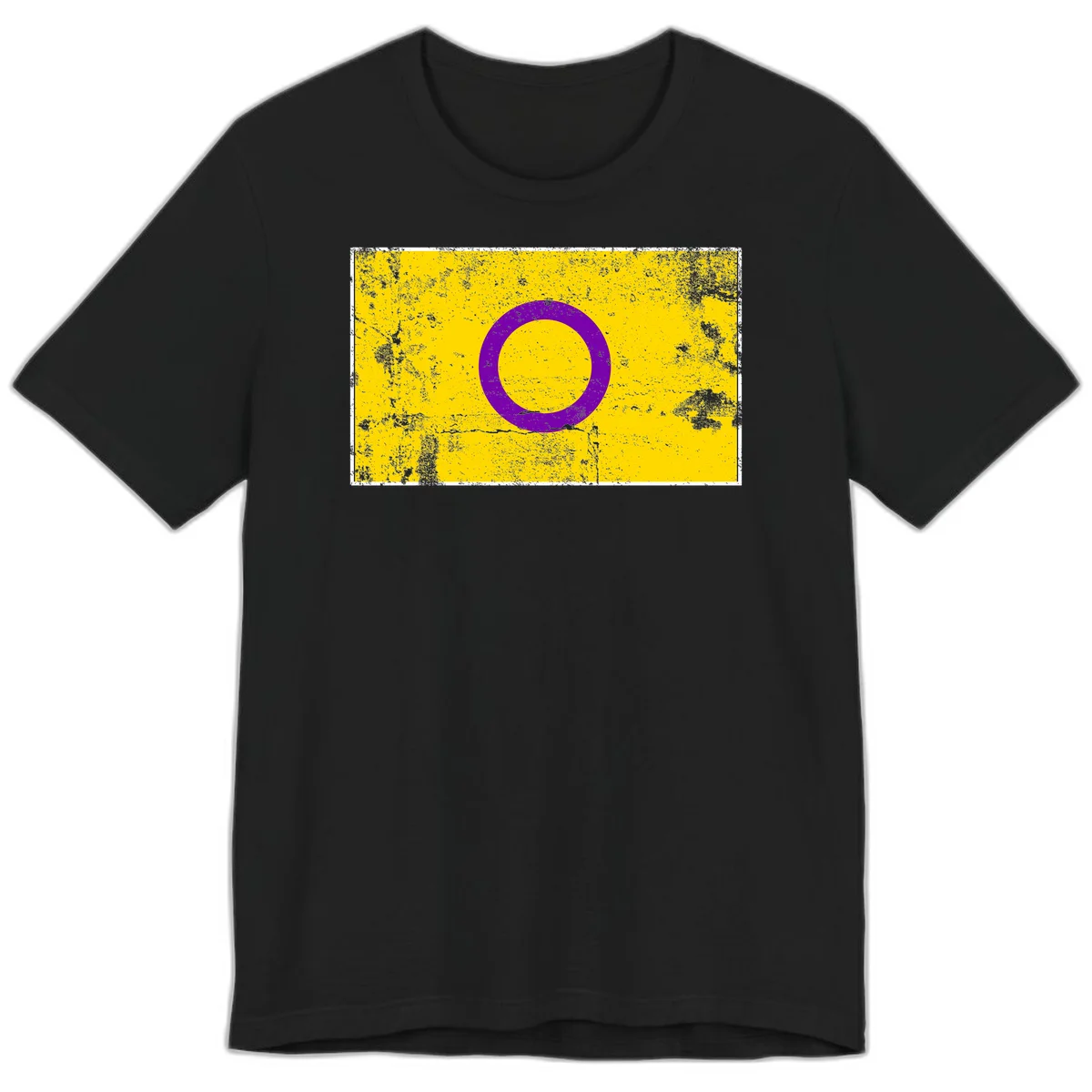 Purple circle ring on yellow background with distressed grunge texture overlay, minimalist geometric design in Black
