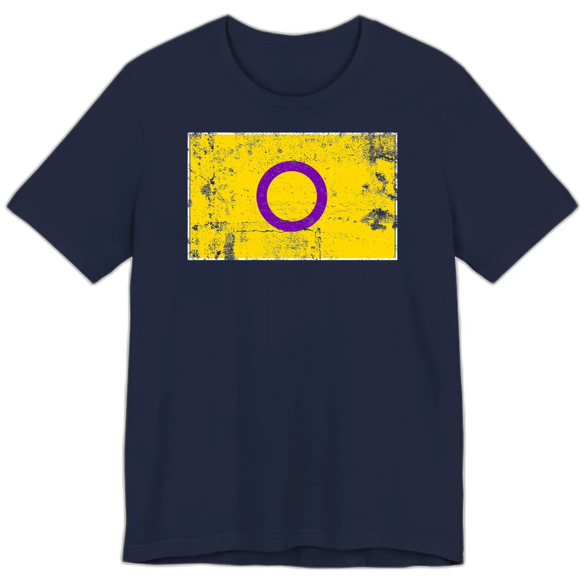 Purple circle ring on yellow background with distressed grunge texture overlay, minimalist geometric design in Navy