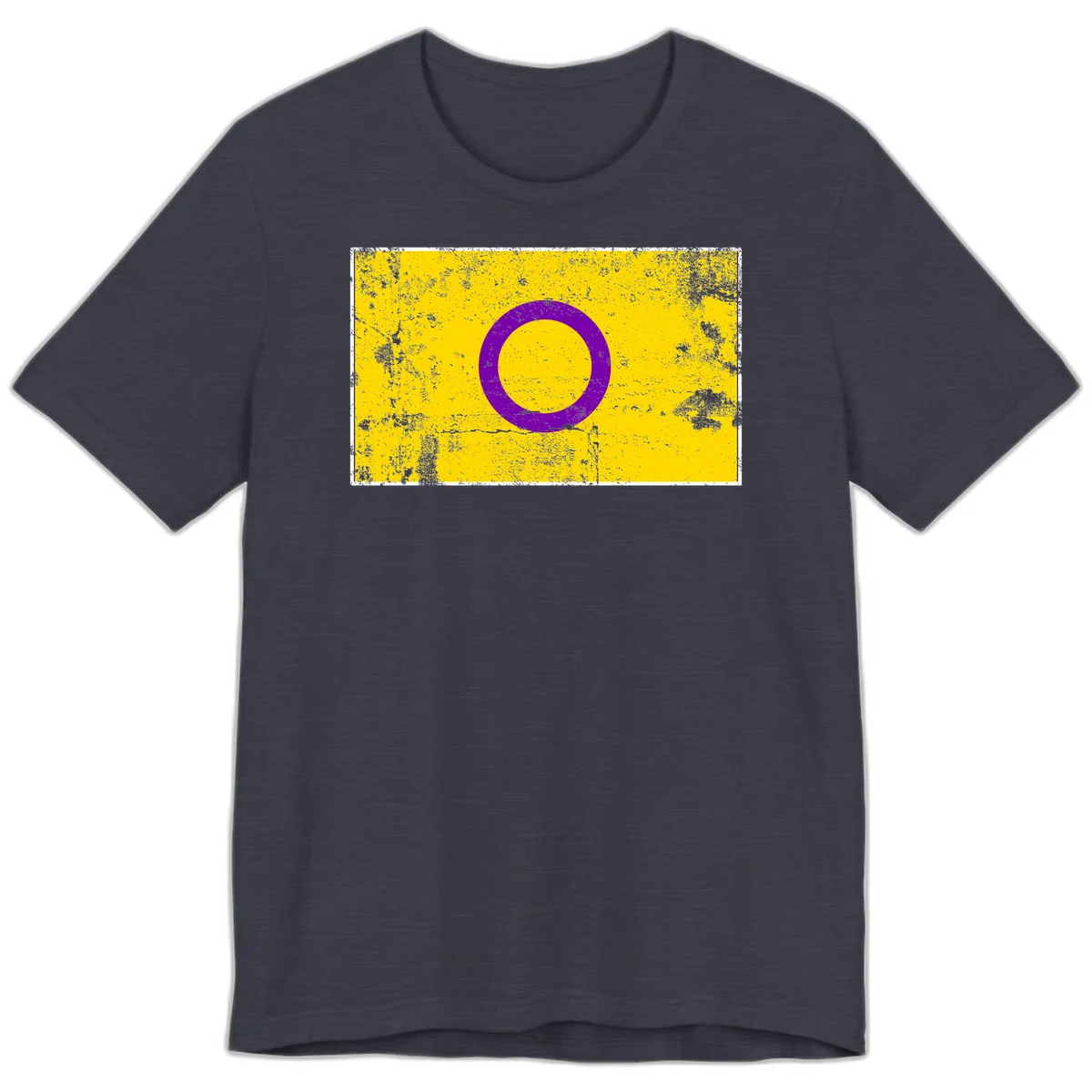 Purple circle ring on yellow background with distressed grunge texture overlay, minimalist geometric design in Heather Midnight Navy