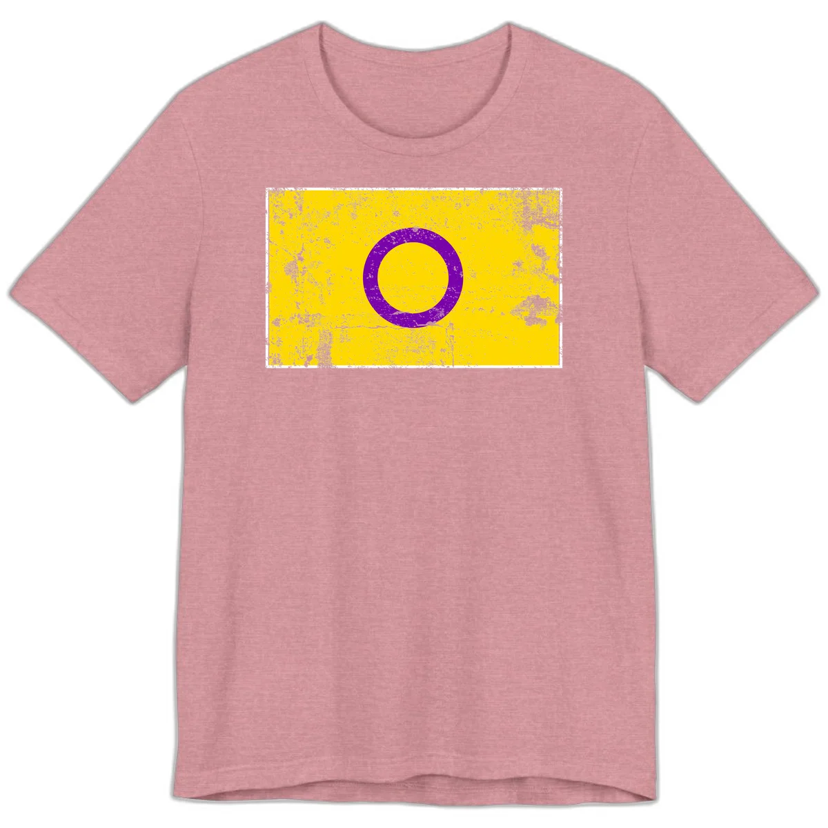 Purple circle ring on yellow background with distressed grunge texture overlay, minimalist geometric design in Heather Orchid