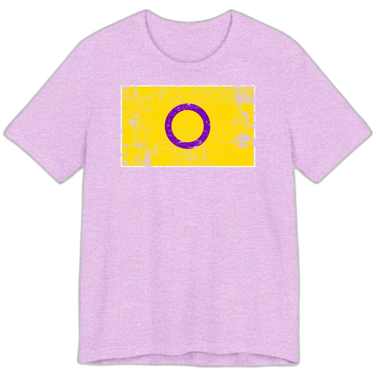 Purple circle ring on yellow background with distressed grunge texture overlay, minimalist geometric design in Heather Prism Lilac