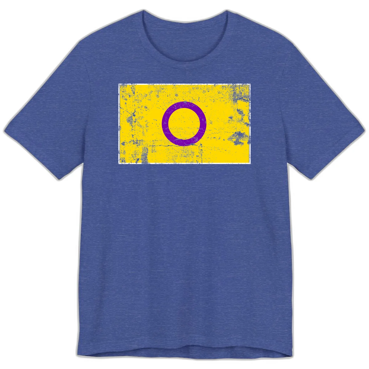 Purple circle ring on yellow background with distressed grunge texture overlay, minimalist geometric design in Heather True Royal
