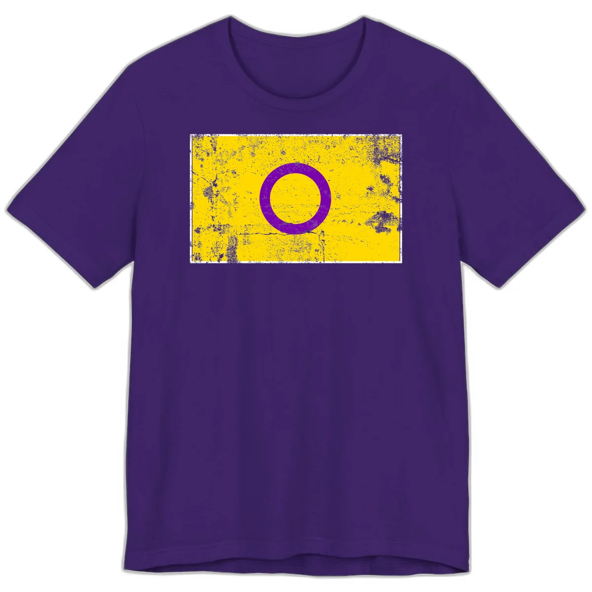 Purple circle ring on yellow background with distressed grunge texture overlay, minimalist geometric design in Team Purple