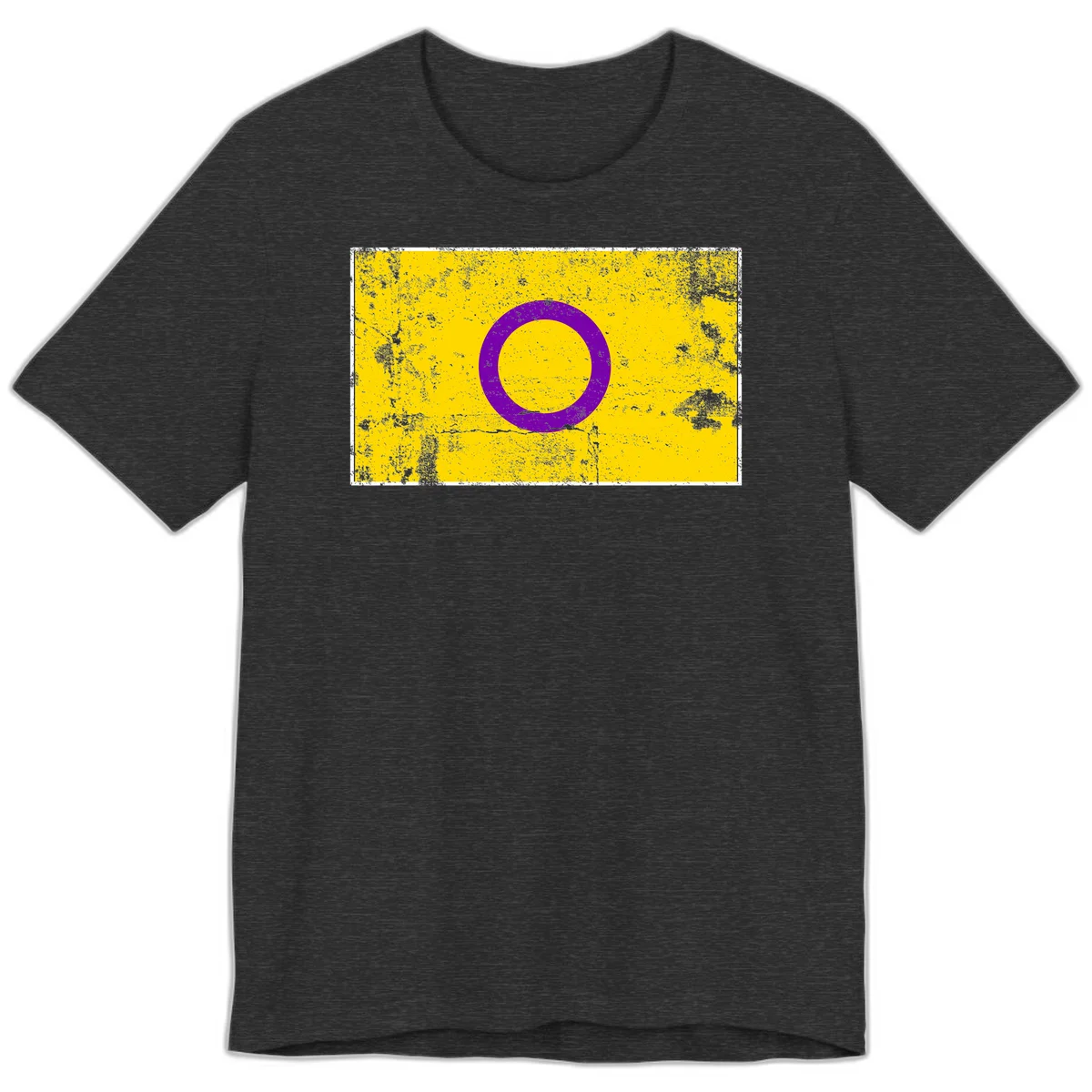 Purple circle ring on yellow background with distressed grunge texture overlay, minimalist geometric design in Dark Grey Heather