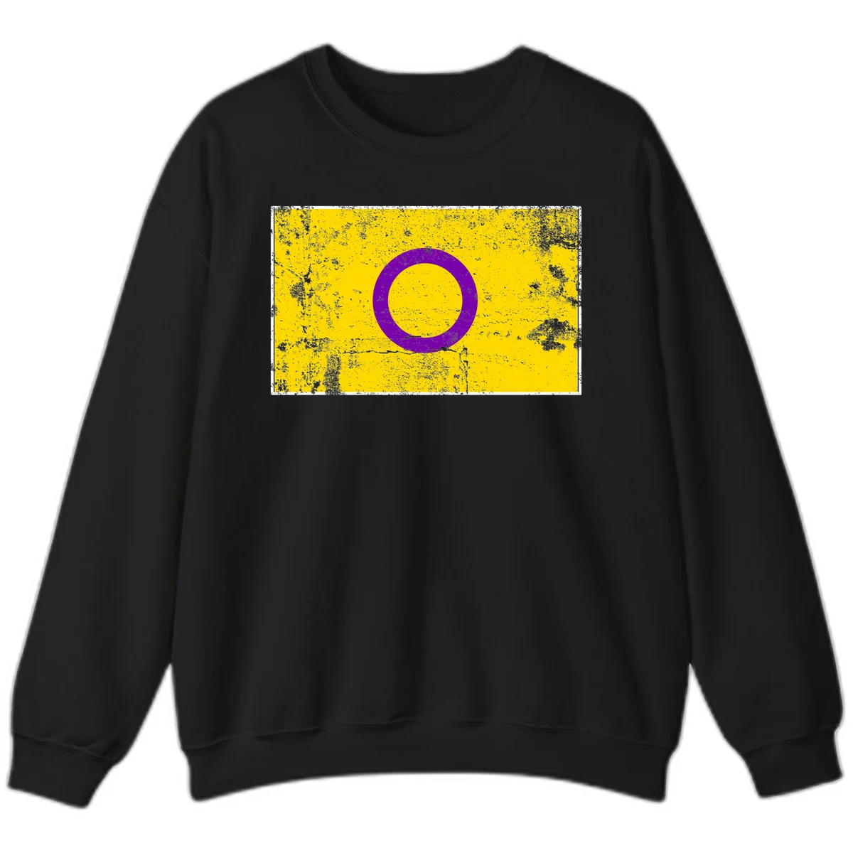 Purple circle ring on yellow background with distressed grunge texture overlay, minimalist geometric design in Black