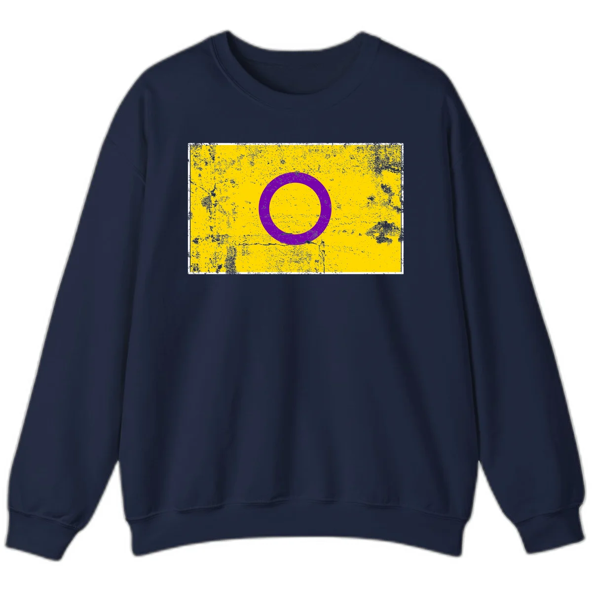 Purple circle ring on yellow background with distressed grunge texture overlay, minimalist geometric design in Navy