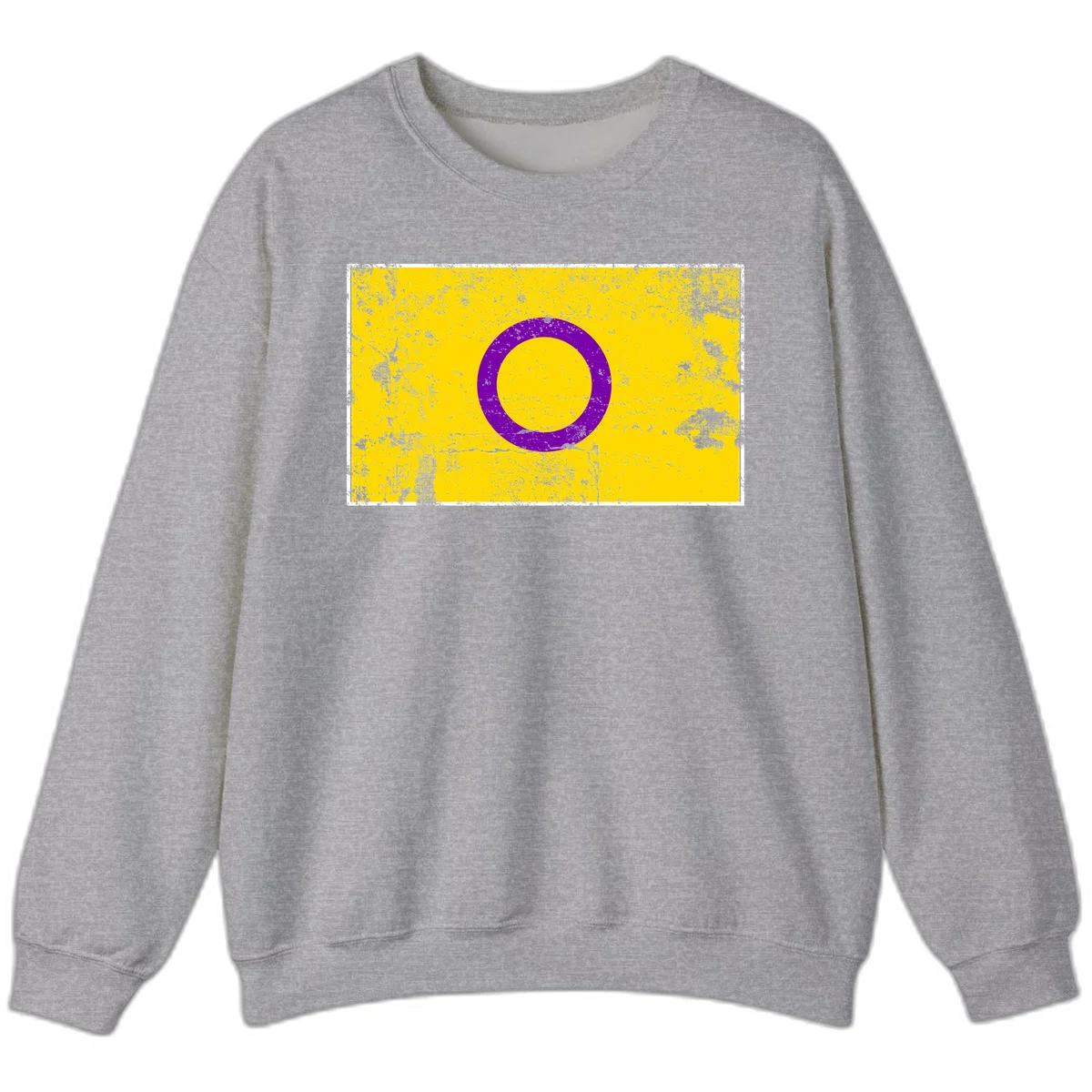 Purple circle ring on yellow background with distressed grunge texture overlay, minimalist geometric design in Sport Grey