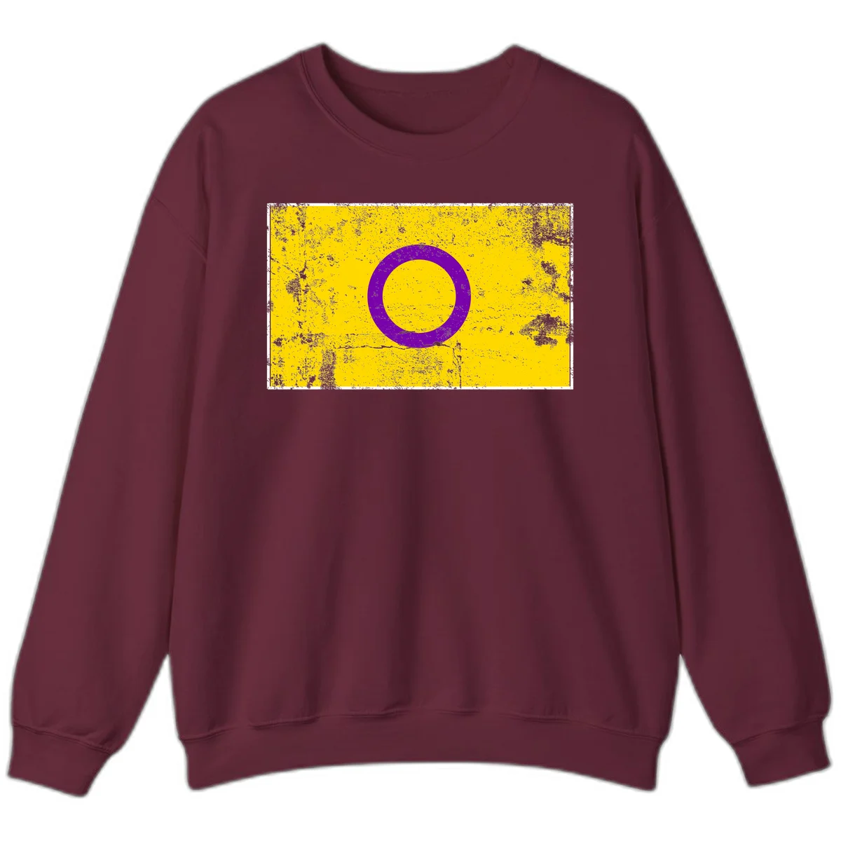 Purple circle ring on yellow background with distressed grunge texture overlay, minimalist geometric design in Maroon