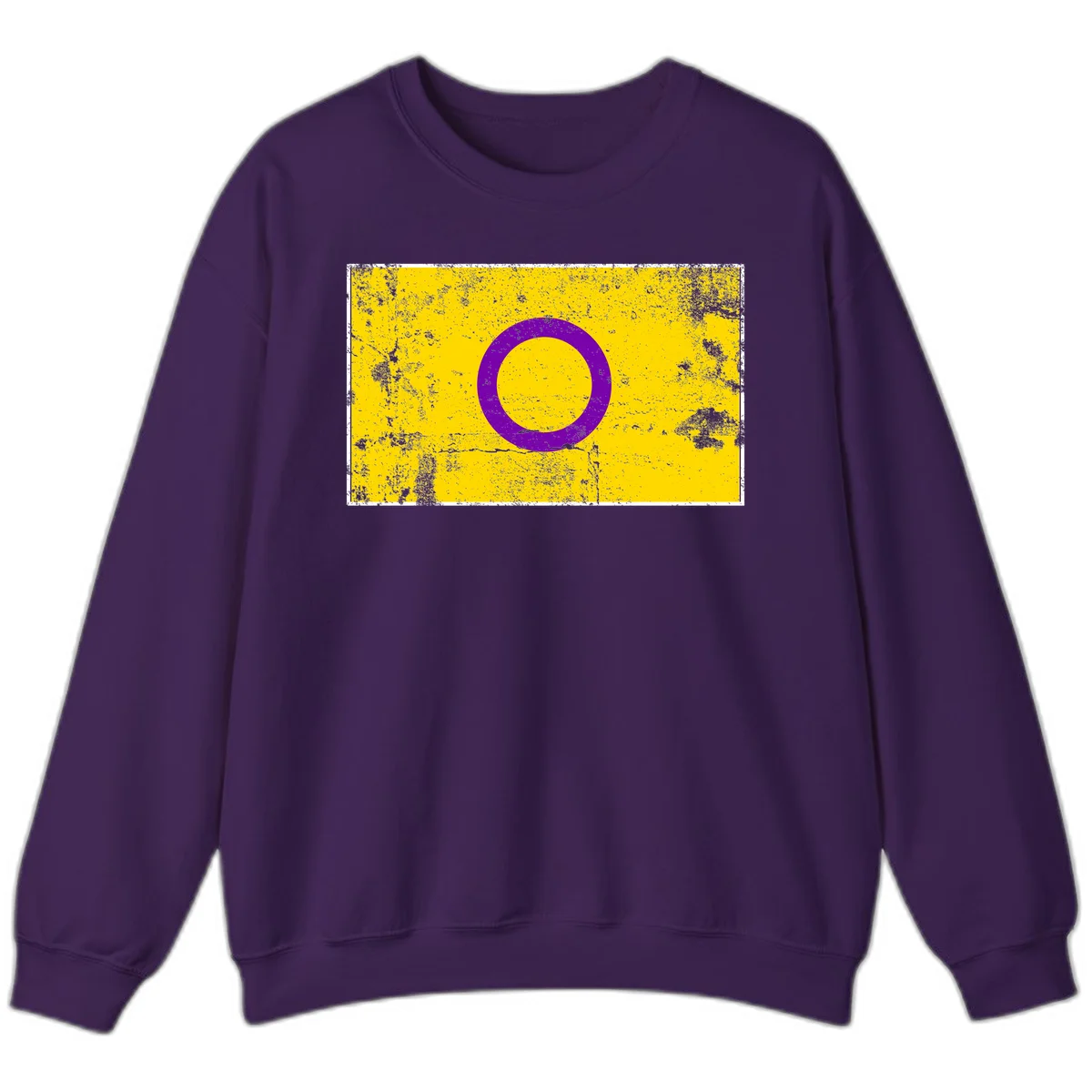 Purple circle ring on yellow background with distressed grunge texture overlay, minimalist geometric design in Purple