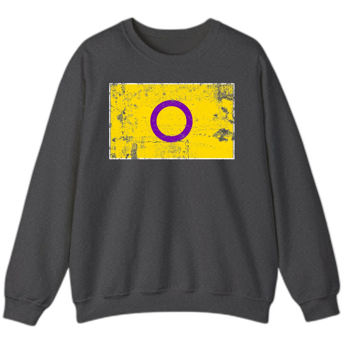 Purple circle ring on yellow background with distressed grunge texture overlay, minimalist geometric design in Dark Heather