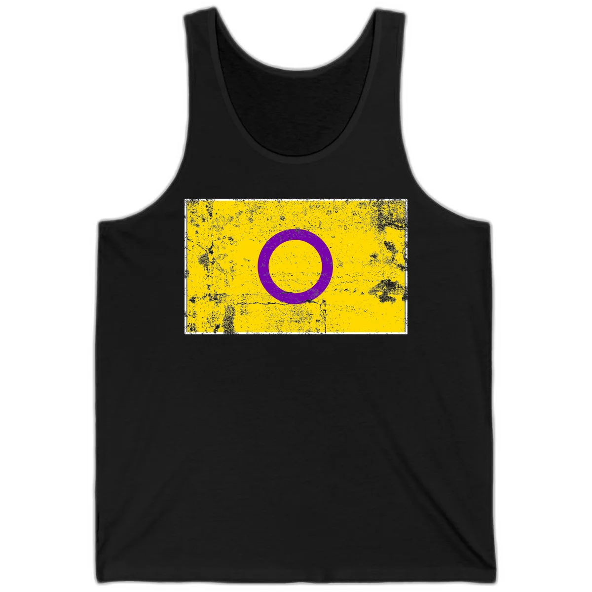 Purple circle ring on yellow background with distressed grunge texture overlay, minimalist geometric design in Black
