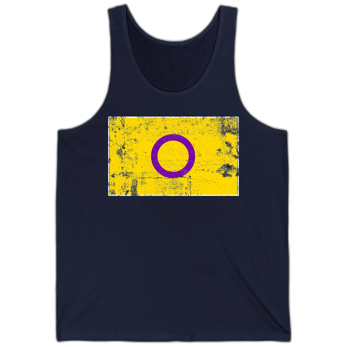 Purple circle ring on yellow background with distressed grunge texture overlay, minimalist geometric design in Navy