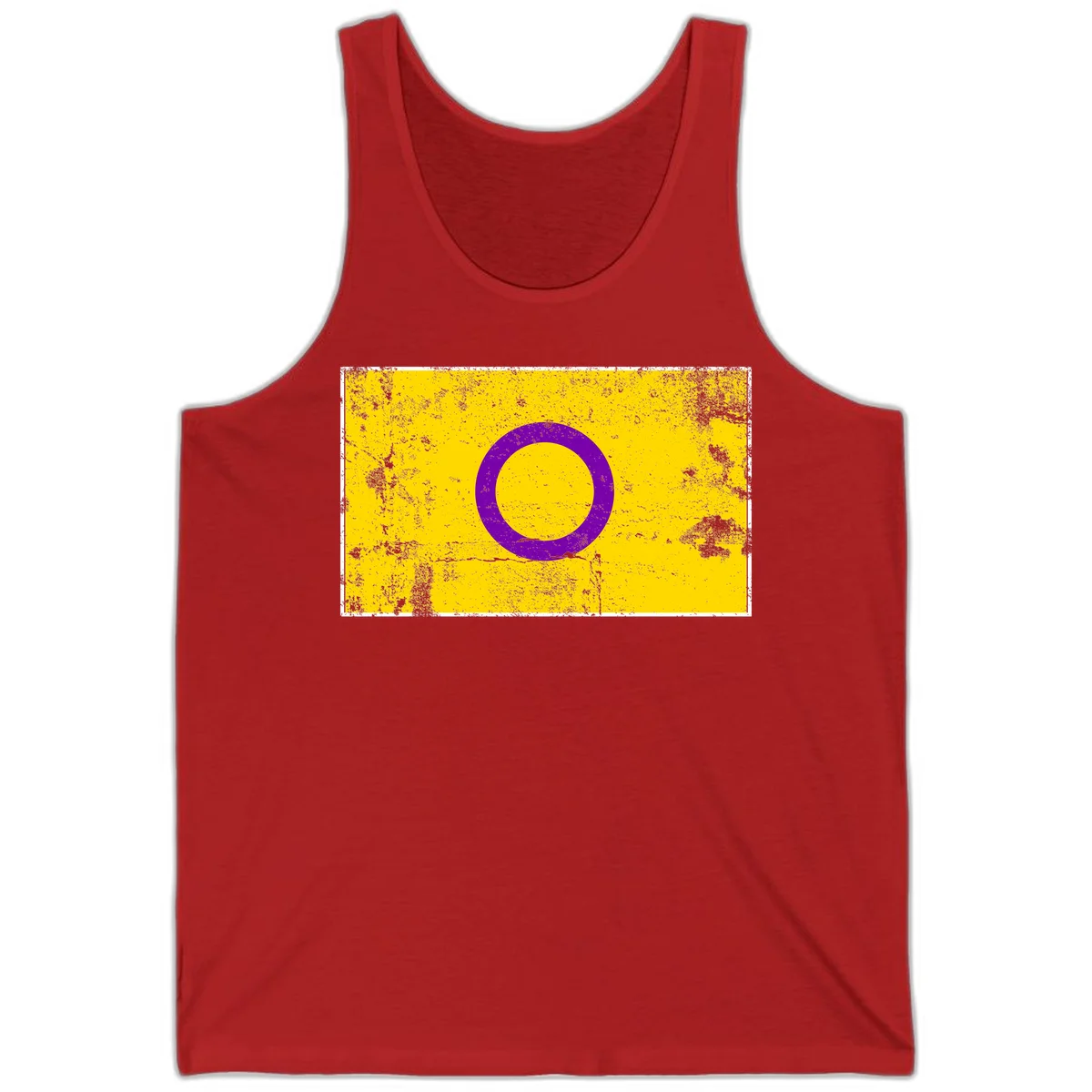 Purple circle ring on yellow background with distressed grunge texture overlay, minimalist geometric design in Red