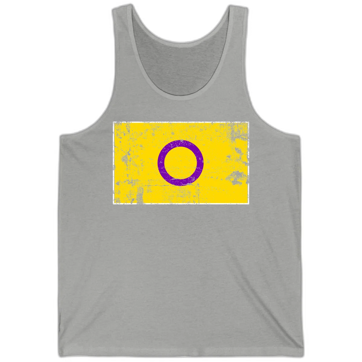 Purple circle ring on yellow background with distressed grunge texture overlay, minimalist geometric design in Athletic Heather