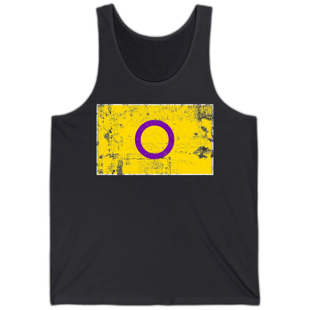 Purple circle ring on yellow background with distressed grunge texture overlay, minimalist geometric design in Dark Grey