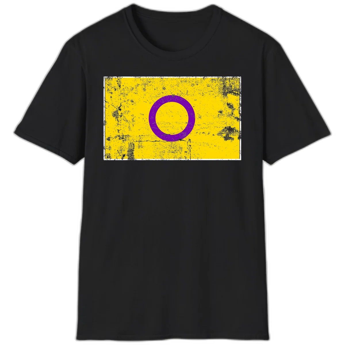 Purple circle ring on yellow background with distressed grunge texture overlay, minimalist geometric design in Black