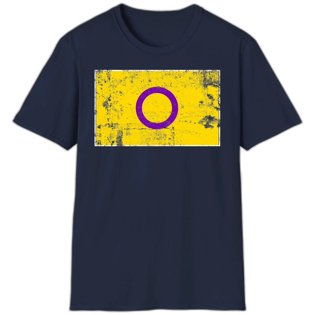 Purple circle ring on yellow background with distressed grunge texture overlay, minimalist geometric design in Navy