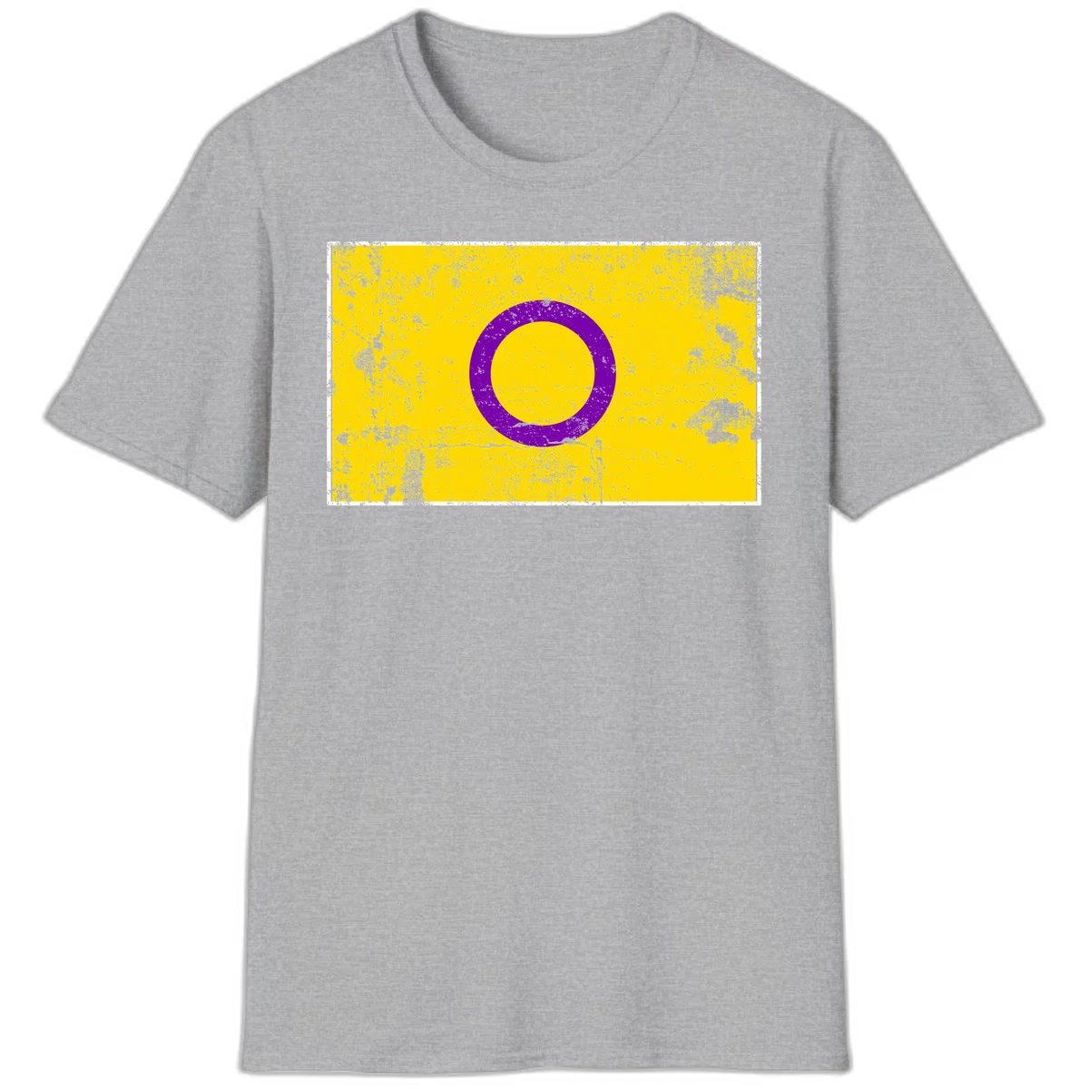 Purple circle ring on yellow background with distressed grunge texture overlay, minimalist geometric design in Sport Grey