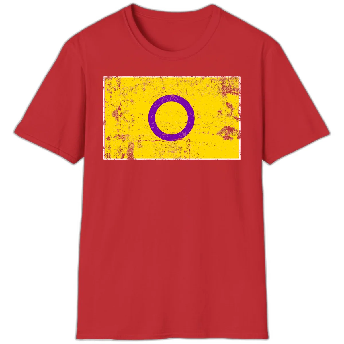 Purple circle ring on yellow background with distressed grunge texture overlay, minimalist geometric design in Red