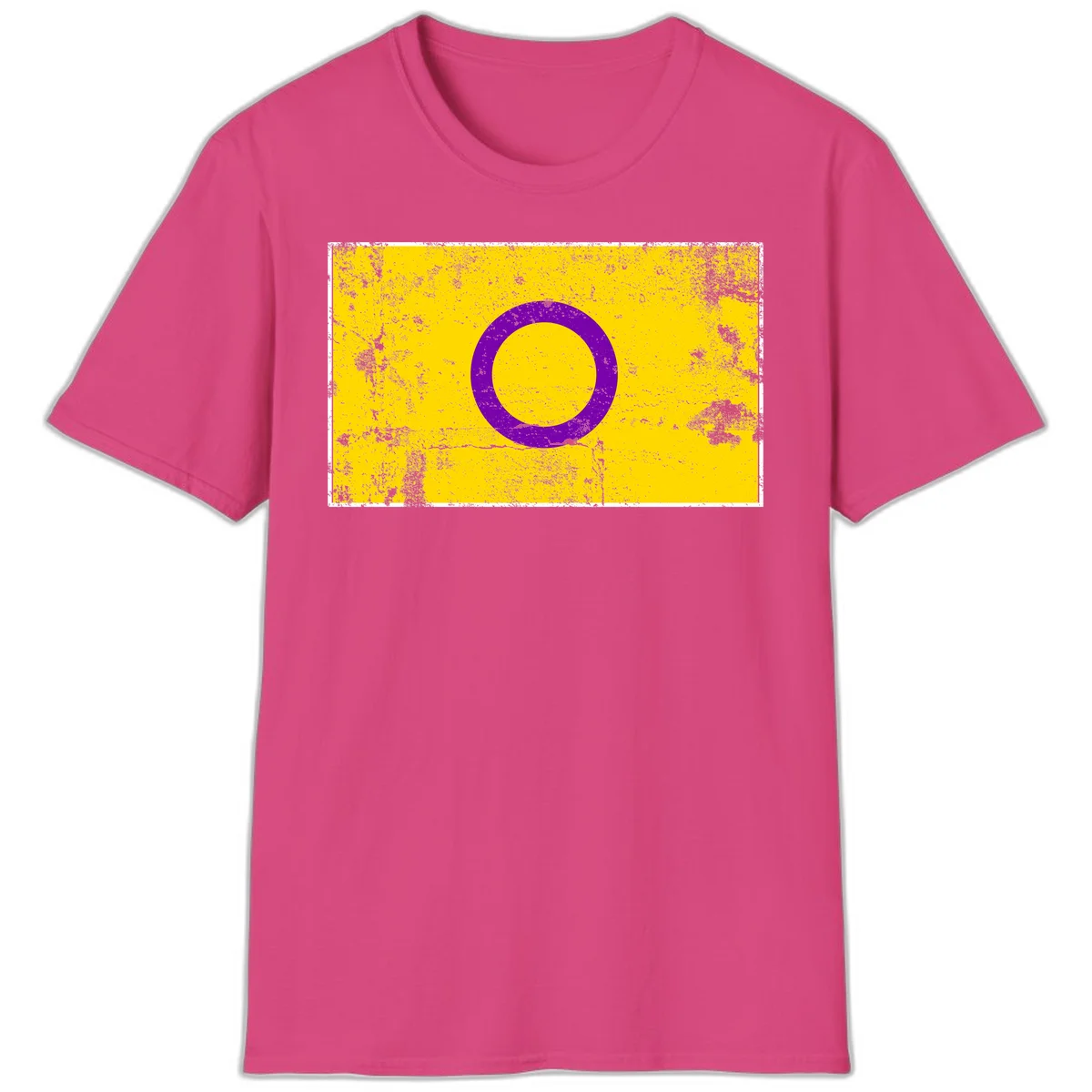 Purple circle ring on yellow background with distressed grunge texture overlay, minimalist geometric design in Heliconia