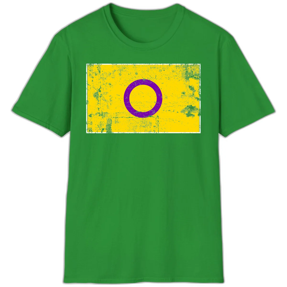 Purple circle ring on yellow background with distressed grunge texture overlay, minimalist geometric design in Irish Green