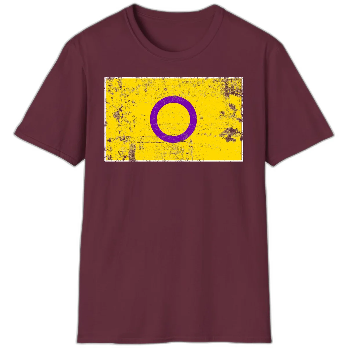 Purple circle ring on yellow background with distressed grunge texture overlay, minimalist geometric design in Maroon