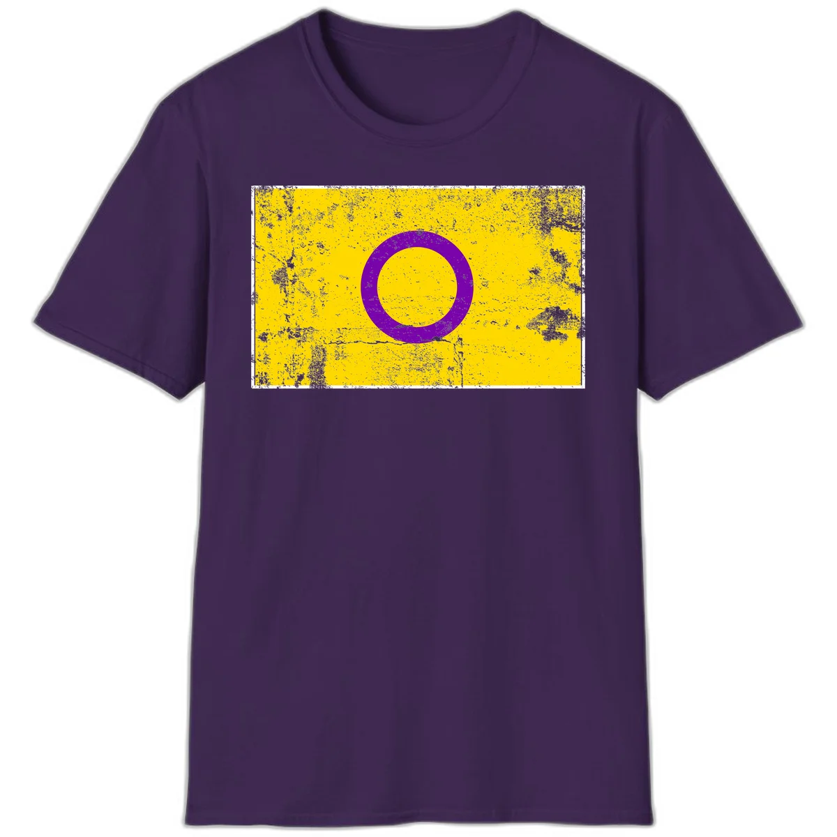 Purple circle ring on yellow background with distressed grunge texture overlay, minimalist geometric design in Purple