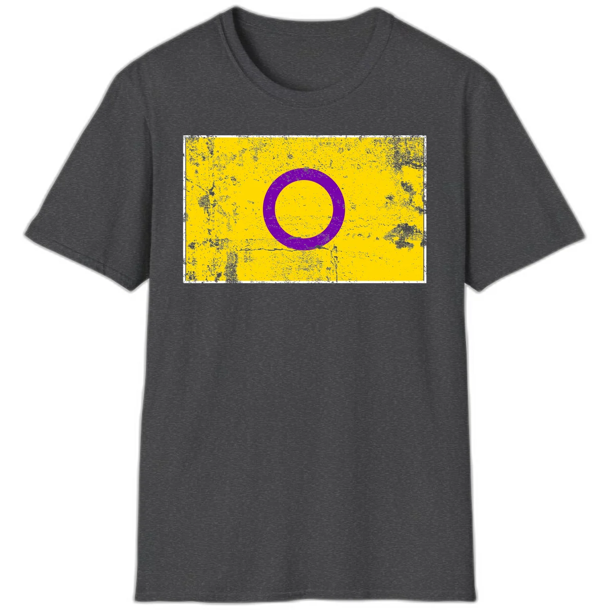 Purple circle ring on yellow background with distressed grunge texture overlay, minimalist geometric design in Dark Heather