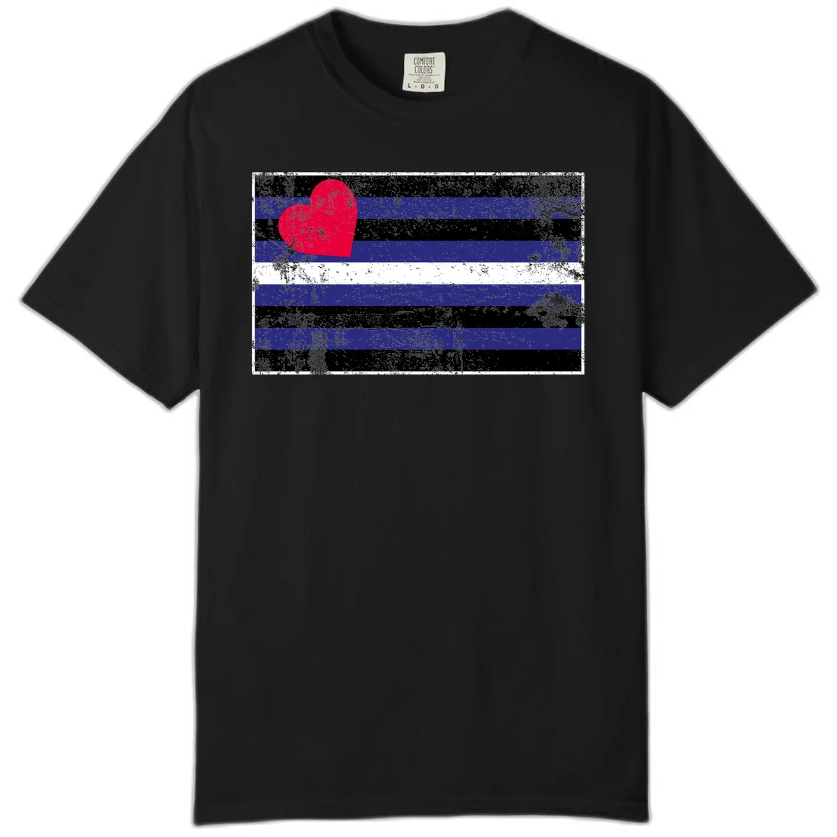 Red heart with blue, black, and white horizontal stripes in distressed grunge style pride design in Black