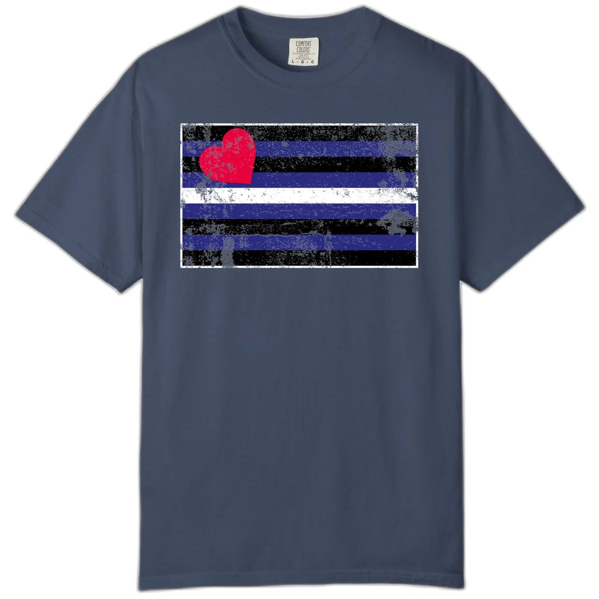 Red heart with blue, black, and white horizontal stripes in distressed grunge style pride design in Midnight