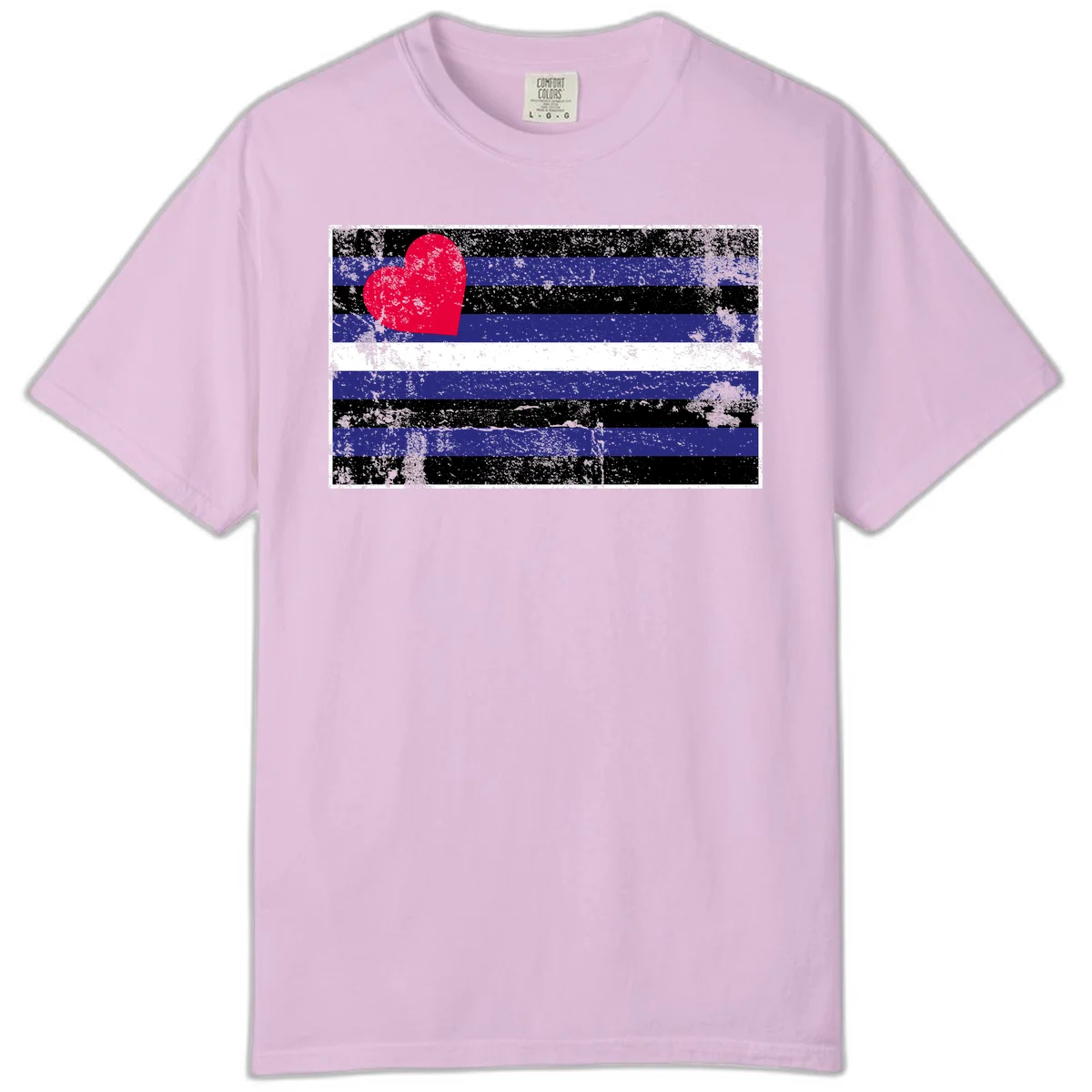 Red heart with blue, black, and white horizontal stripes in distressed grunge style pride design in Orchid