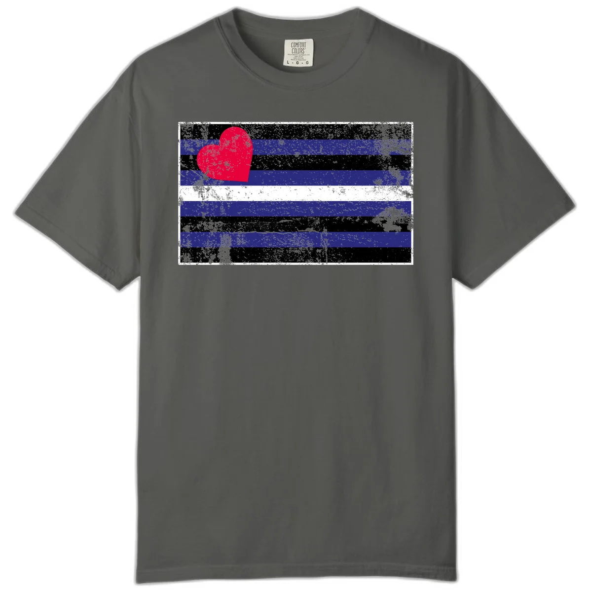 Red heart with blue, black, and white horizontal stripes in distressed grunge style pride design in Pepper