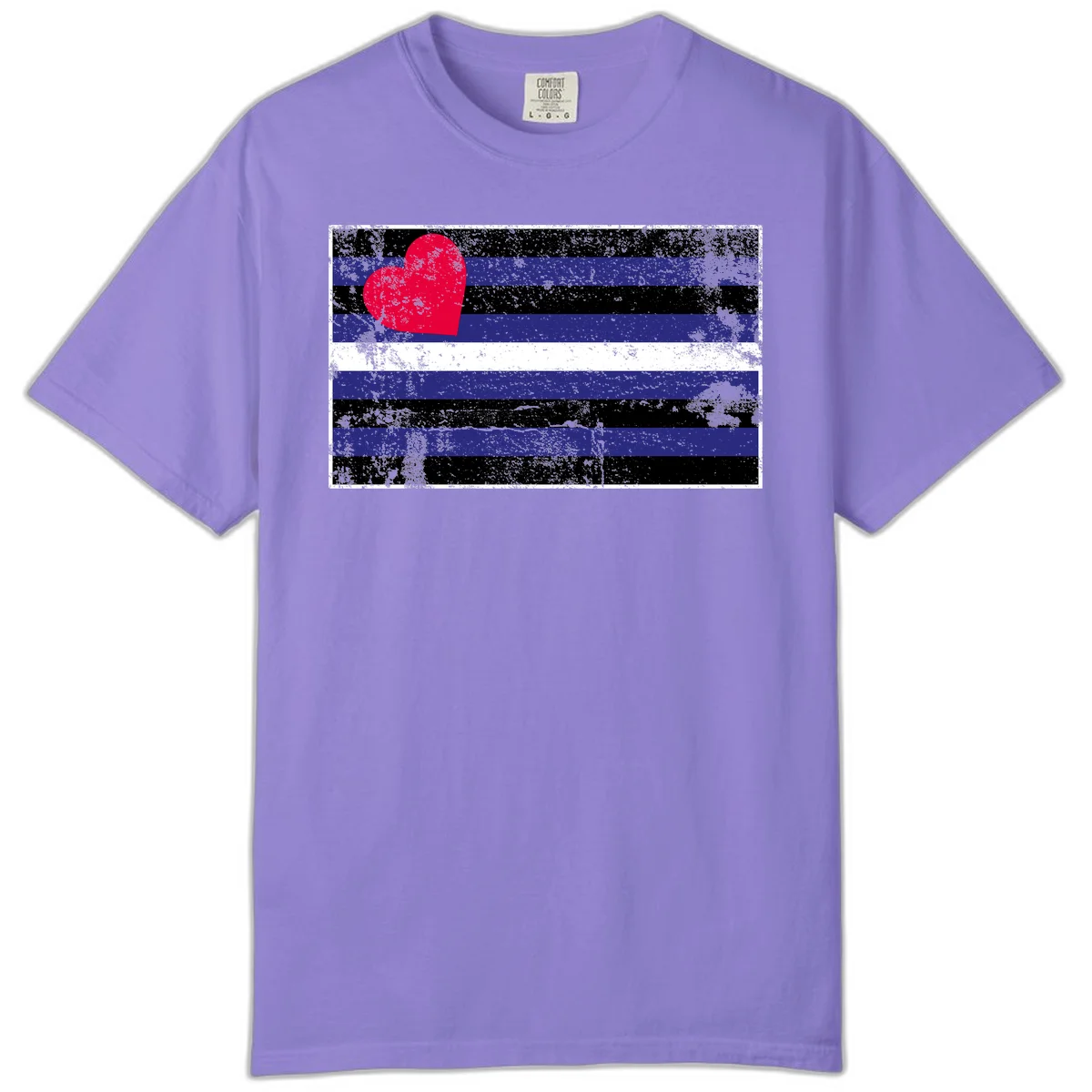 Red heart with blue, black, and white horizontal stripes in distressed grunge style pride design in Violet