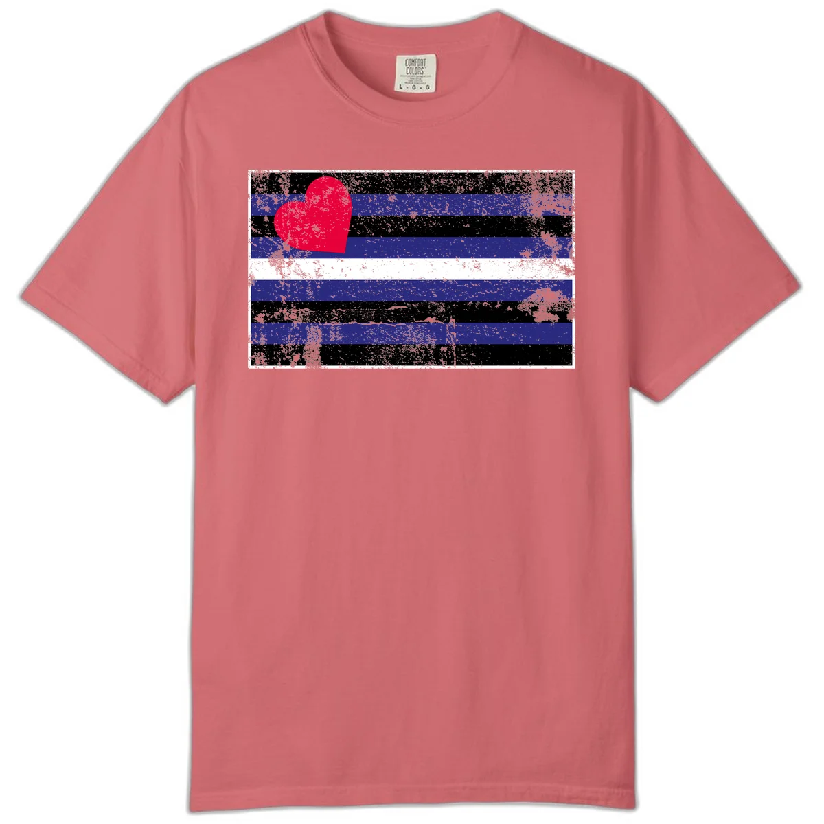 Red heart with blue, black, and white horizontal stripes in distressed grunge style pride design in Watermelon