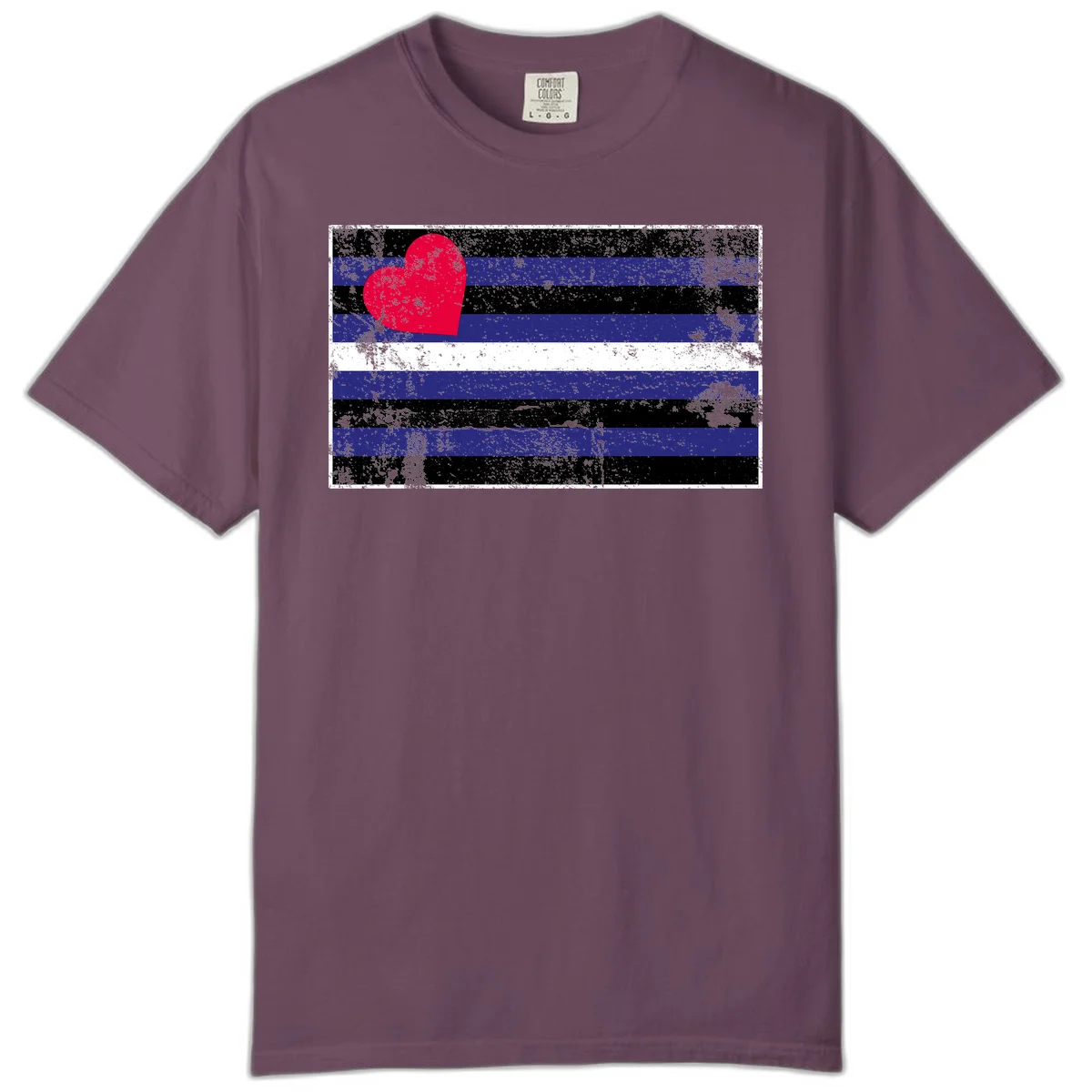 Red heart with blue, black, and white horizontal stripes in distressed grunge style pride design in Berry