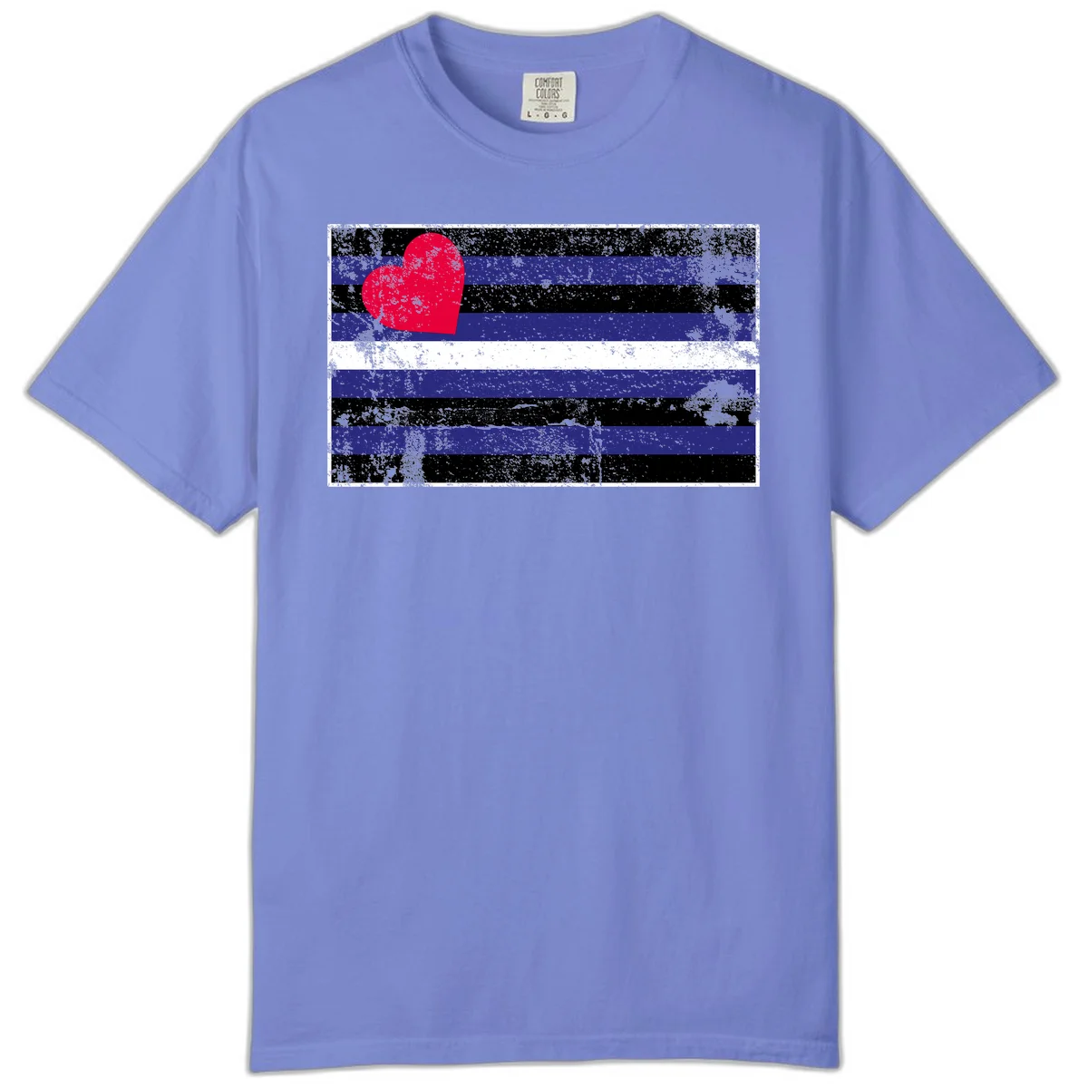 Red heart with blue, black, and white horizontal stripes in distressed grunge style pride design in Flo Blue